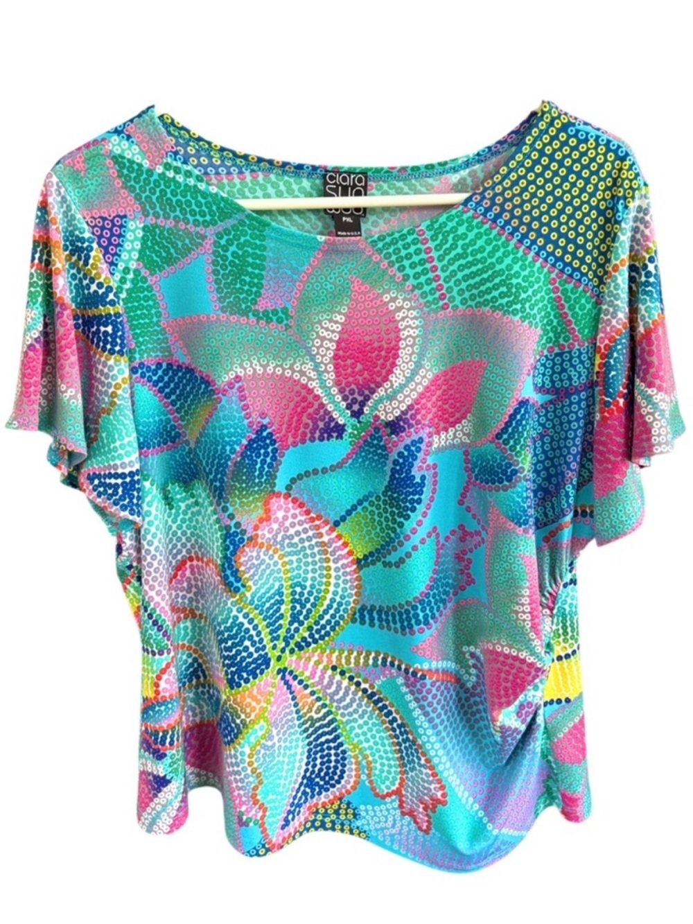 Like New Clara Sun Woo Floral Ruched Size Short Sleeve Top Petite XL